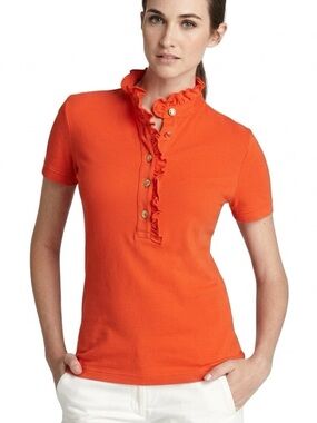 Tory Burch Lidia Top Orange Ruffled Polo Shirt S Preppy Classic